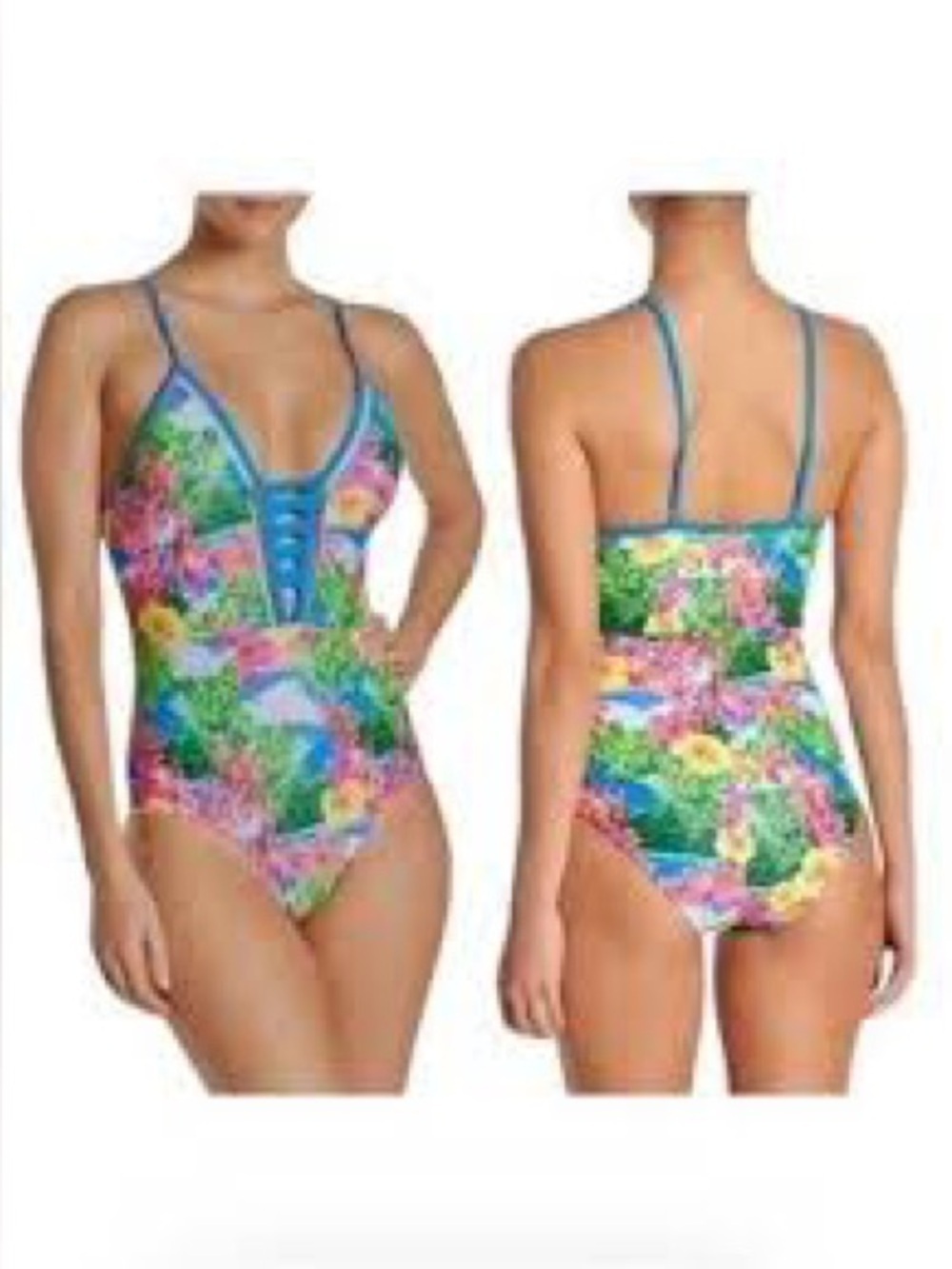 Nicole Miller New York Sz 12 Plunging Neckline One-Piece Swimsuit Hawaiian NWT - Picture 3 of 17
